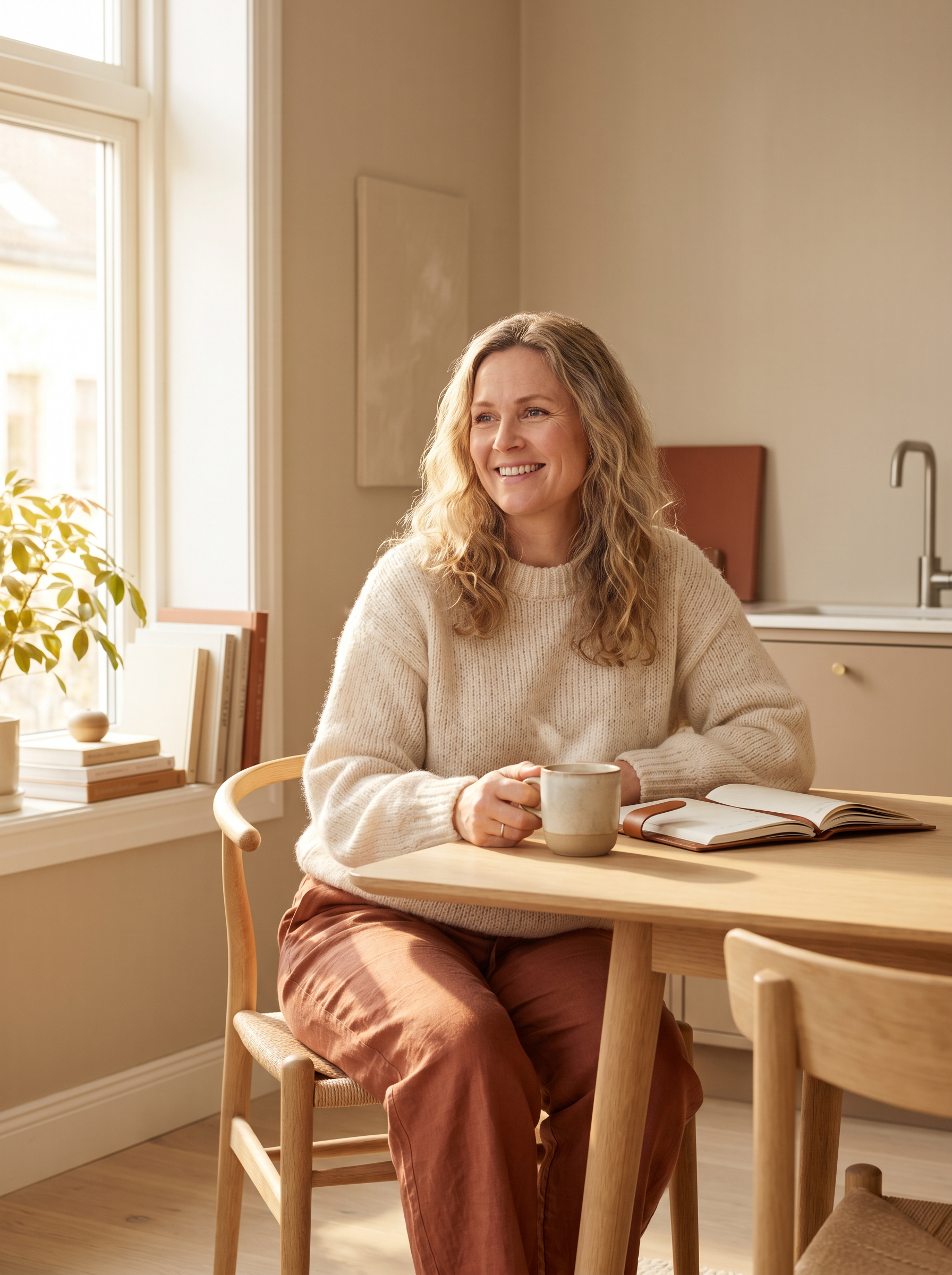 Frau mit Tasse und Notizbuch – Stoffwechsel-Kompass
